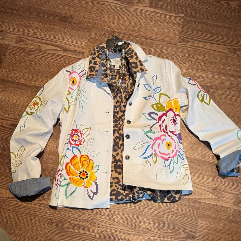 Erin London Women’s Small White Floral Stretch Jacket Blazer Embellished Y2K